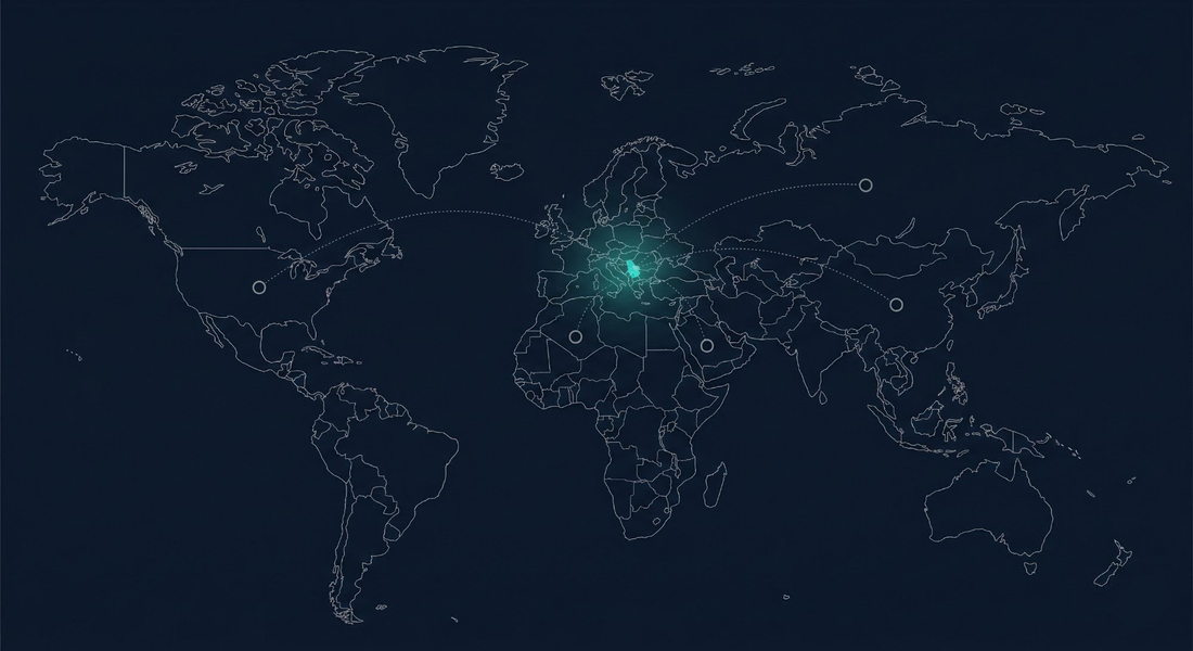 World map showing Serbia as Atani's first active AI research panel, with global expansion markers across Europe, Americas, Asia and Africa